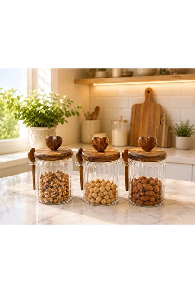 morponi 3-Piece Heart Vacuum Acacia Lid, Glass Jar with Spoon - Sugar Bowl, S...