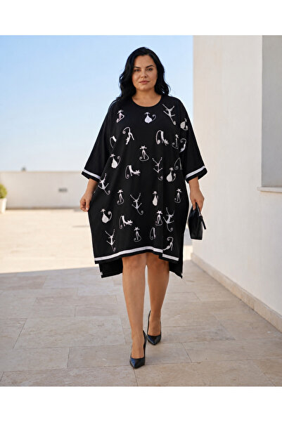 DARKWIN Plus Size Crew Neck Cat Patterned Asymmetrical Cut Comfortable Fit Mi...