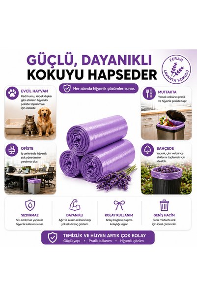 MSE HOLD Büzgülü Çöp Poşeti Lavanta Kokulu 55×60 cm Orta Boy 5 Rulo Dayanıklı Sızdırmaz Kalın Çöp Torbası