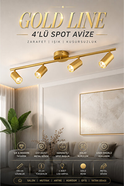 Elvora Home Eskitme (PREMİUM) Gold Line 4’lü Spot Avize Sarkıt LED Uyumlu Gol...