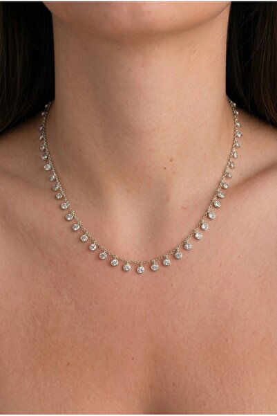 Sallantılı Sıralı Pul Taşlı Choker Kolye - 925 Ayar Gümüş - Şık Tasarım