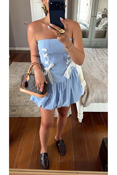 HARMONY GLOBAL Women's Blue Strapless Tie Detailed Bustier and Balloon Mini S...