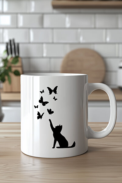 Mio Life 330ml Printed White Ceramic Mug with Cat Silhouette Pattern