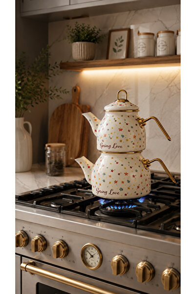 LUCKY CLOVER Enamel Teapot Stylish Line Pattern Large Volume 2.1 + 1.3 Liter ...