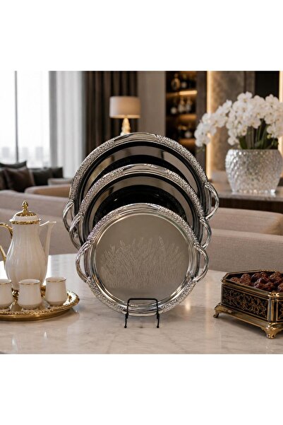 Generic 3-Piece Tray Set with Different Sizes Round Shape Royal Engraving Sil...