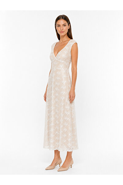 Shamouk Women's Lace Detailed V-Neck Cap Sleeve Midi Dress Off White Beige