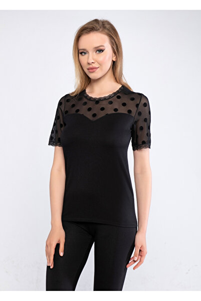 Lüks Belinay 8078 Γυναικείο T-shirt σε στενή γραμμή με λεπτομέρειες από τούλι...