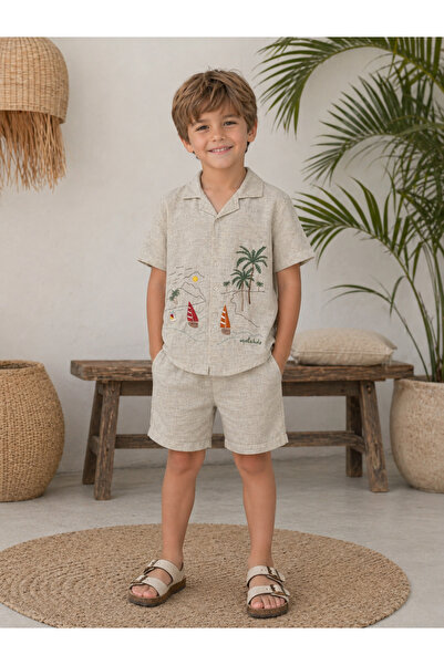 Miela Kids Set cămașă și pantaloni scurți din in Palm Life