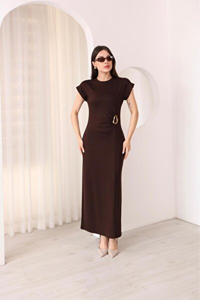 MEBA Women's Modal Fabric Crew Neck Buckle Detailed Short Sleeve Dress