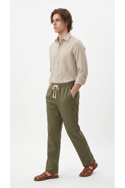 BADESSA Men's Khaki Comfortable Fit Linen Muslin Trousers Lightweight Casual Thin Fabric with Back Pockets