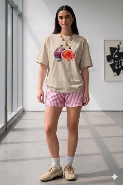 CAST COLLECTİON Tricou oversize de damă, bej, cu imprimeu cu smochine