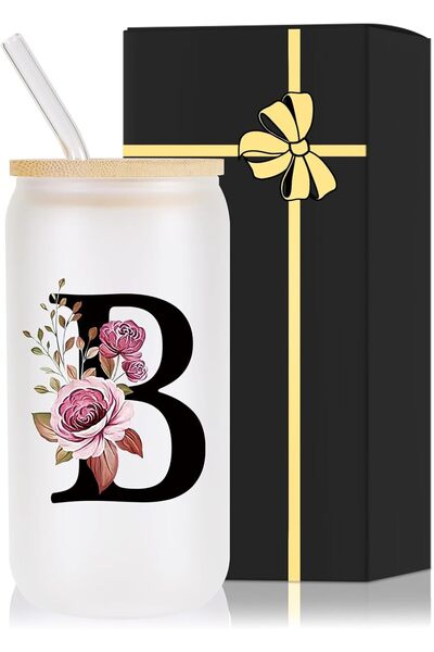 Wulcea Monogrammed Glass Drinking Cup With Lid Straw Women Girl Friend Birthd...