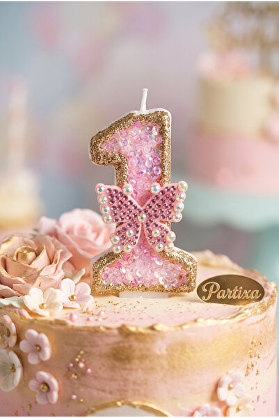 Partixa Pembe Taşlı Kelebekli Rakam Mum Doğum Günü Pasta Süsü