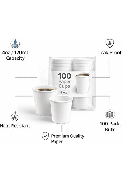 Sunny Your Bright choice Sunny 4oz Disposable Paper Cups – 100 Pack | White 120ml Small Coffee & Tea Cups | Leak Proof, Heat Resistant, Heavy Duty | Party, Office & Catering Use