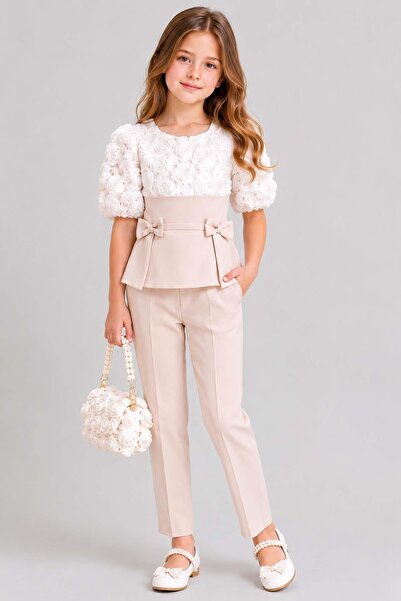 Riccotarz Girl's Crew Neck Blouse with 3D Rose Embroidery and Ribbon Detail, ...