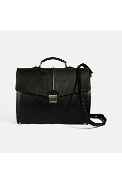 Desa Men's Black Leather Briefcase with Shoulder Strap