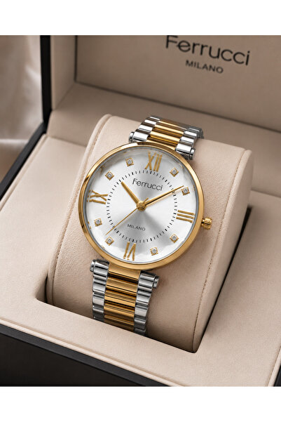 Ferrucci Modern Women's Wristwatch Steel Band Gold-Silver Color Stylish Desig...