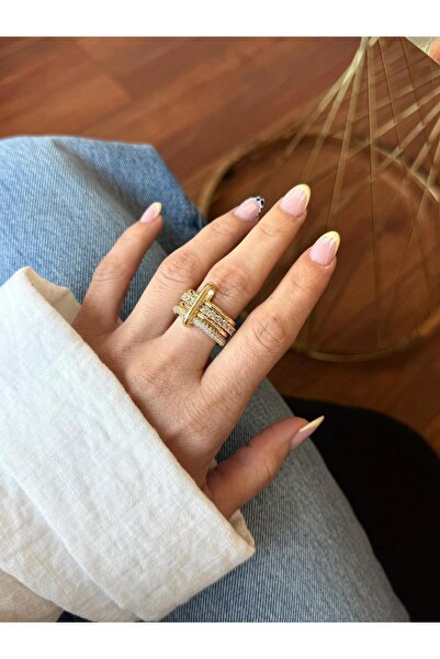 ANKA JEWELLRY Gold Zircon Stone Detail Multi Steel Women's Ring