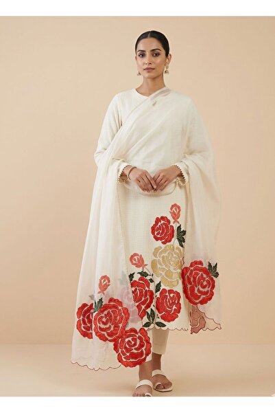 PRIYA'S PANACHE Unstitched White Roman Silk 3 Piece Suit for Women | Pure Sil...
