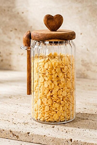 Atbyhome Acacia Wood Heart Lid Glass Jar with Spoon 760 ml - Large Size Slott...