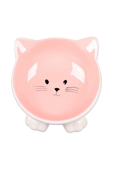 Flamingo Puzi Kedi Kulaklı Desenli Seramik Mama Ve Su Kabı Pembe-125Ml