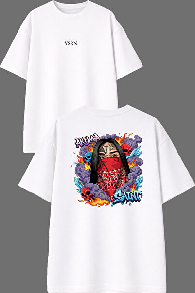 VSRN Tricou supradimensionat alb cu imprimeu față și spate Gngsta pentru femei