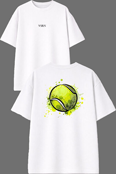 VSRN Tricou oversize alb cu imprimeu față și spate, design cu minge de tenis