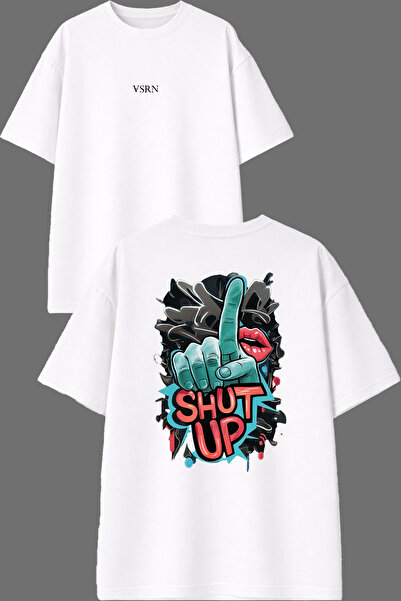 VSRN تي شيرت أبيض كبير الحجم بتصميم Shut Up مطبوع من الأمام والخلف