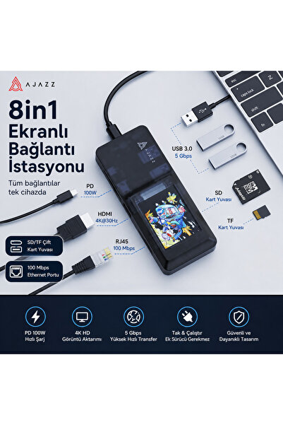 Ajazz 8in1 TFT Dokunmatik Ekranlı USB HUB PD 100W Destekli-5Gb Yüksek Hızlı T...