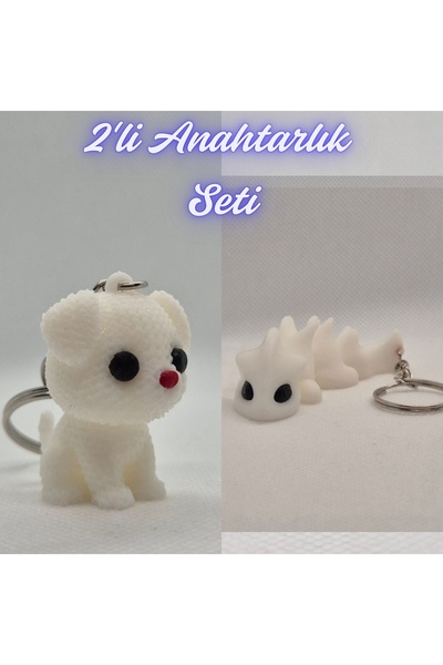 3DAtölyeMaker White Knitted Patterned Dog and White Flexible Dragon Keychain