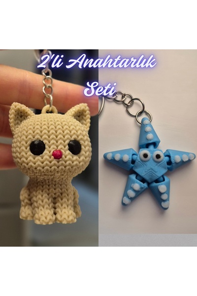 3DAtölyeMaker Cream Knitted Patterned Cat and Light Blue Moving Starfish Keyc...