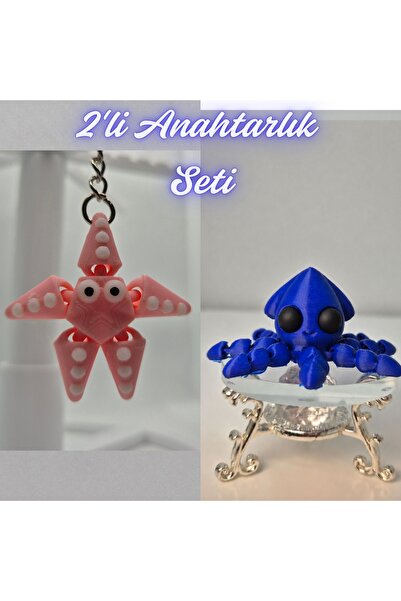 3DAtölyeMaker Pink Moving Starfish and Blue Squid Keychain