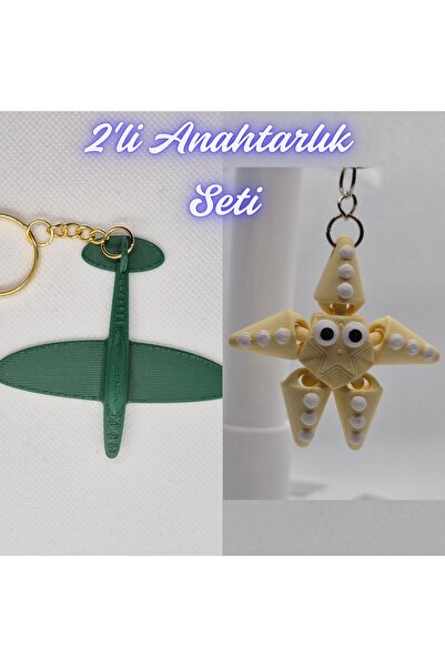 3DAtölyeMaker Dark Green Airplane and Light Yellow Moving Starfish Keychain