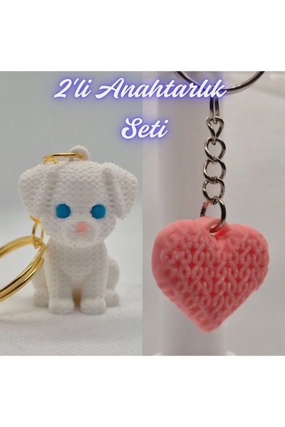 3DAtölyeMaker White Knitted Pattern Dog-2 and Light Pink Knitted Pattern Hear...