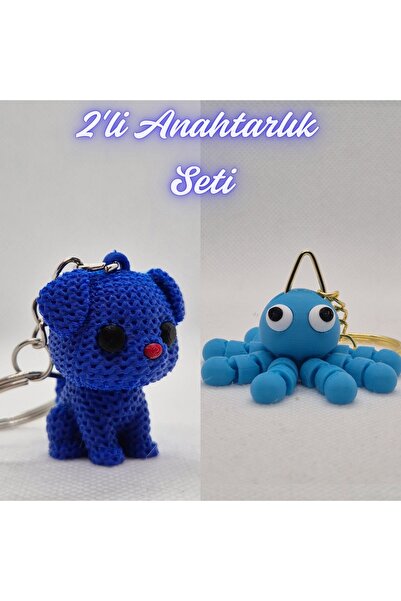 3DAtölyeMaker Blue Knitted Patterned Dog and Light Blue Confused Octopus Keyc...