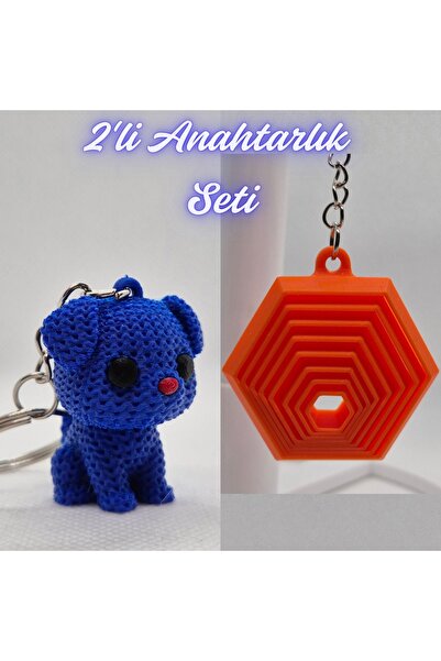 3DAtölyeMaker Blue Knitted Patterned Dog and Orange Moving Hexagon Keychain