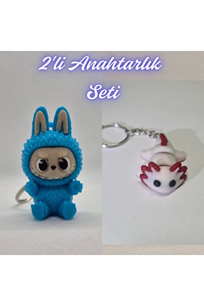 3DAtölyeMaker Light Blue Labubu and Light Pink Flexible Axolotl Keychain