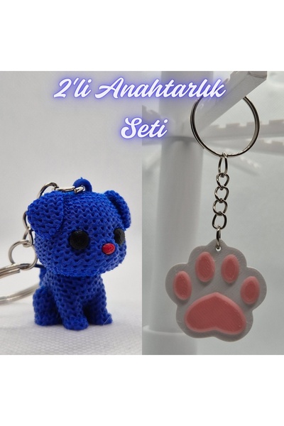 3DAtölyeMaker Blue Knitted Patterned Dog and Light Pink Cat Paw Keychain