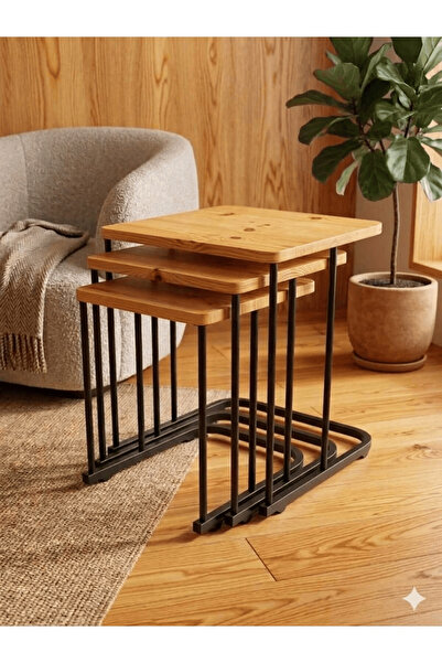 MervishDecor 3’lü Tekerlekli Siyah Metal Çam Desenli Zigon Sehpa & Yan Sehpa ...