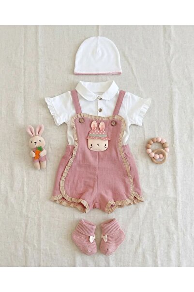 Luna Kids Store Baby Girl Rabbit Patterned Muslin Body Salopet Set Pink