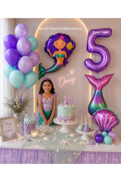 PARTİ AŞKI Pırıltılı Deniz Kızı 5'li Doğum Günü Balon Seti & Kız Çocuk Doğum ...