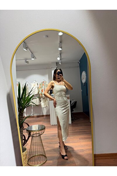 MODA Fitilli Çizgili Yırtmaç Detaylı Midi Elbise
