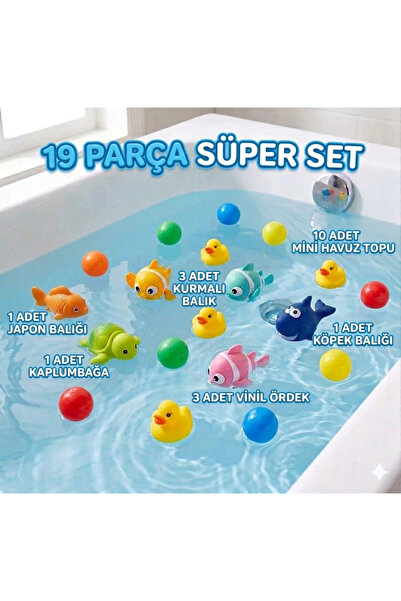 HerşeyVarBurda 19 Parça Süper Banyo Oyuncak Seti - Kurmalı Balık, Vinil Ördek...