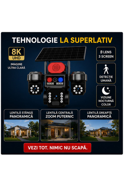 OEM Cameră Supraveghere 4G Crocodil – 3 Camere Rotative, 8K UHD și Panou Sola...