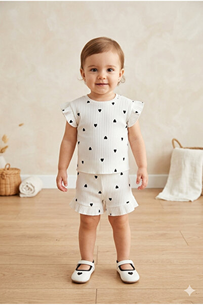 TAYO BABY Baby Girl/Child Heart Patterned Ribbed Camisole Shorts Set - Ecru /...