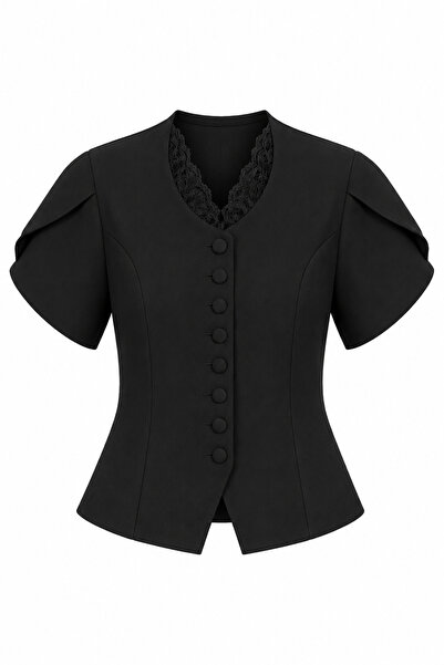 HAZELANNA Black Jacket with Lace Collar and Buttons