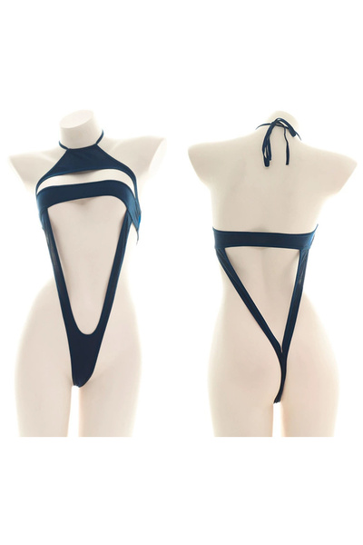 JInsh Navy Blue Halter Neck Cut-Out Bodysuit, Adjustable Tie-Back, Modest & S...