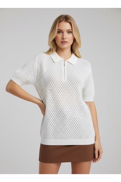 Arbucky Kadın Polo Yaka File Detaylı Oversize Triko Bluz