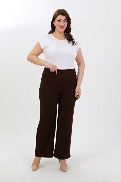 By Alba Collection Women's Brown Lycra Crepe Wide Leg Plus Size Trousers