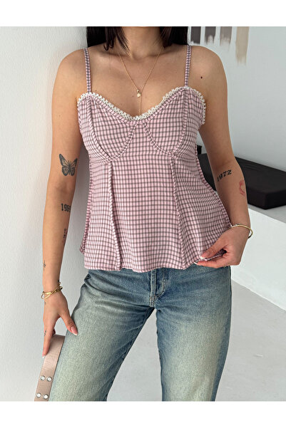 Belphine Pembe Dantel Detaylı Peplum Bluz - Pamuklu